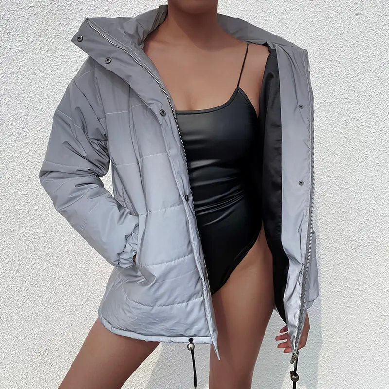 Fashion Short Parkas Winter Reflective Warm Jacket Coats Outerwear Turtleneck Casual Cotton Parka Zipper Down Jackets Streetwear