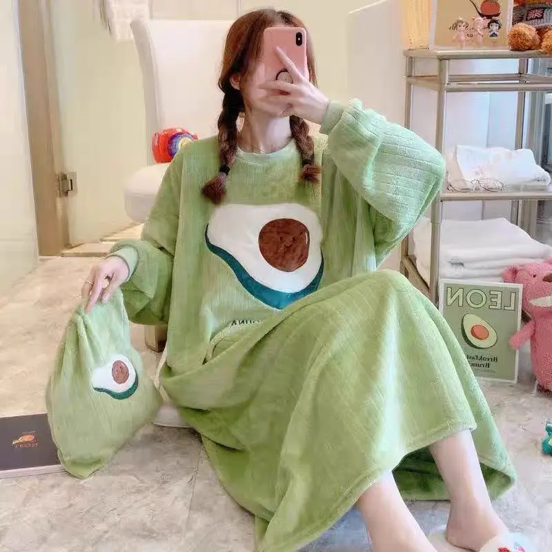 

Women's Pajamas In Autumn Winter Coral Velvet Comfortable Loose Warm Flannel Oversize Outer Wear Housewear Dress Free Shipping