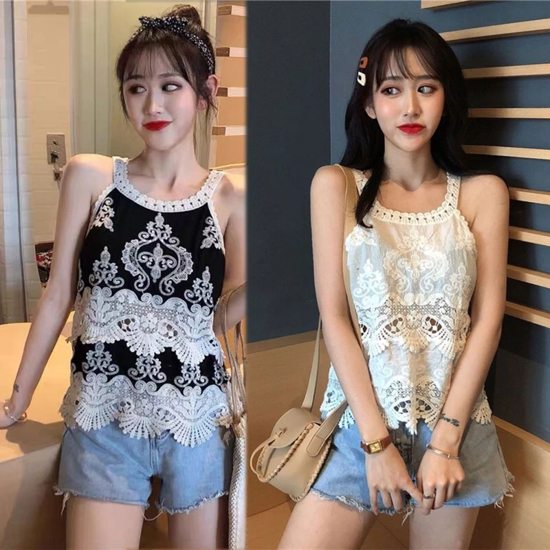 

Women Embroidery Sleeveless Tank Tops Floral Hollow Out Casual Summer Camisole