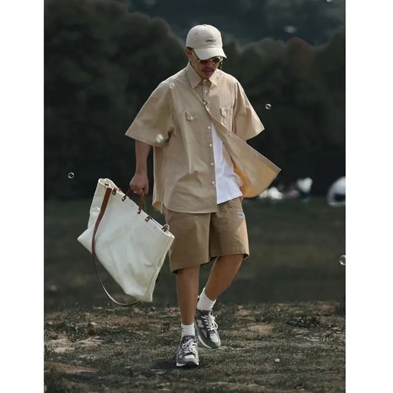 

Мужская рубашка с коротким рукавом, белая/хаки рубашка с коротким рукавом, Повседневная винтажная рубашка в японском стиле, лето 2022