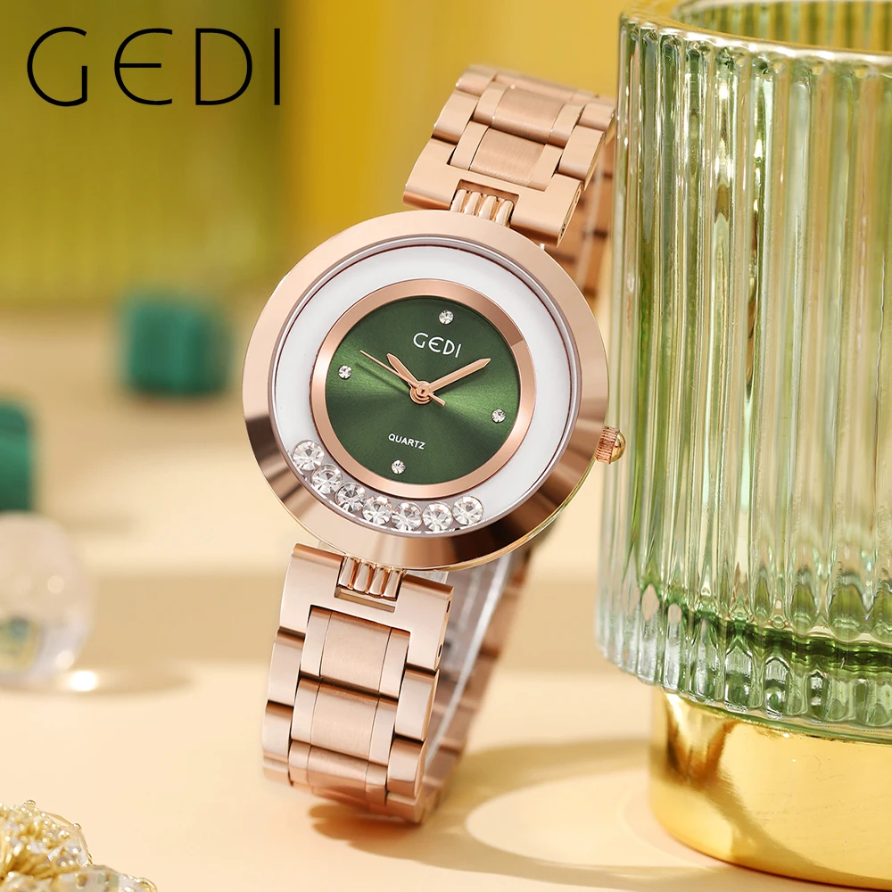 

GEDI Luxury Rose Gold Stainless Steel Bracelet Rolling Crystal Simple Green Dial Waterproof Women Watches Clock Relogio Feminino
