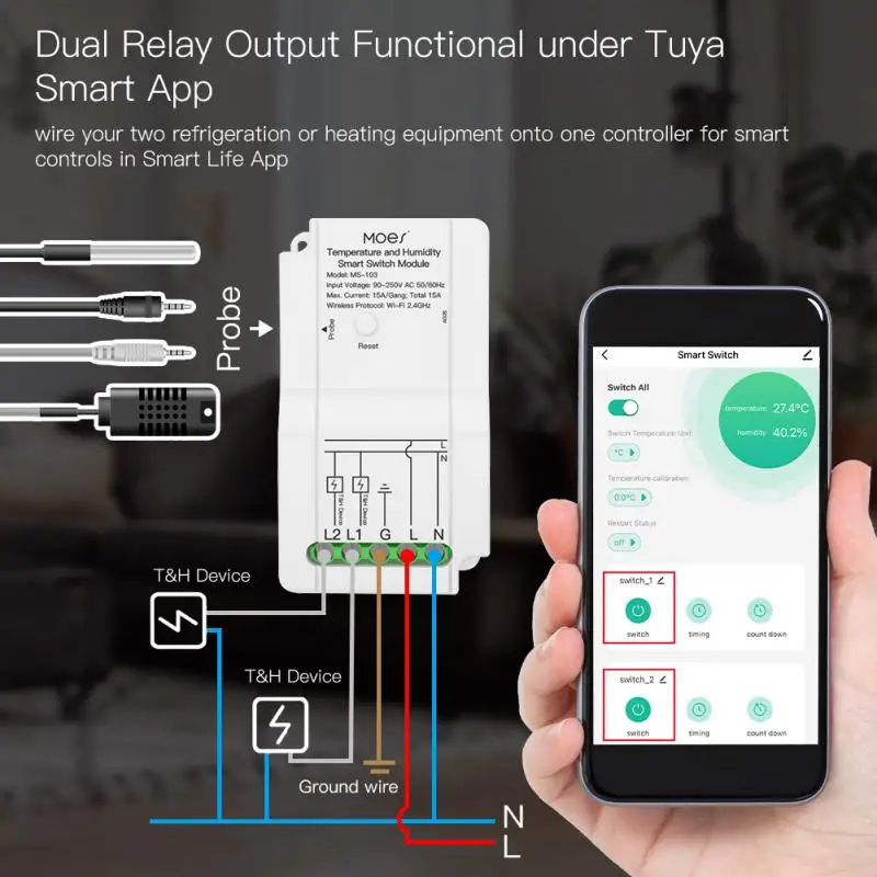

Tuya WiFi Smart Temperature Humidity Switch Module Sensor Dual Relay Output Wireless Controller 30M Work with Alexa Google Home