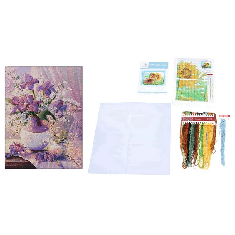 

2 Set DIY Hand Knitting Cross Stitch Set Embroidery Set 14CT Home Decoration, Purple Vase & Wind Sunflower Pattern