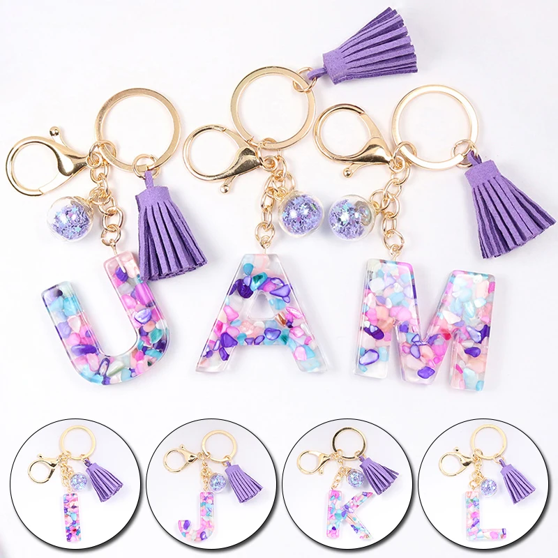 

Colorful Glitter Ball Resin A-Z Letter Pendant Tassel Keychain Women Fashion Bag Backpack Decoration Accessories Car Key Chain