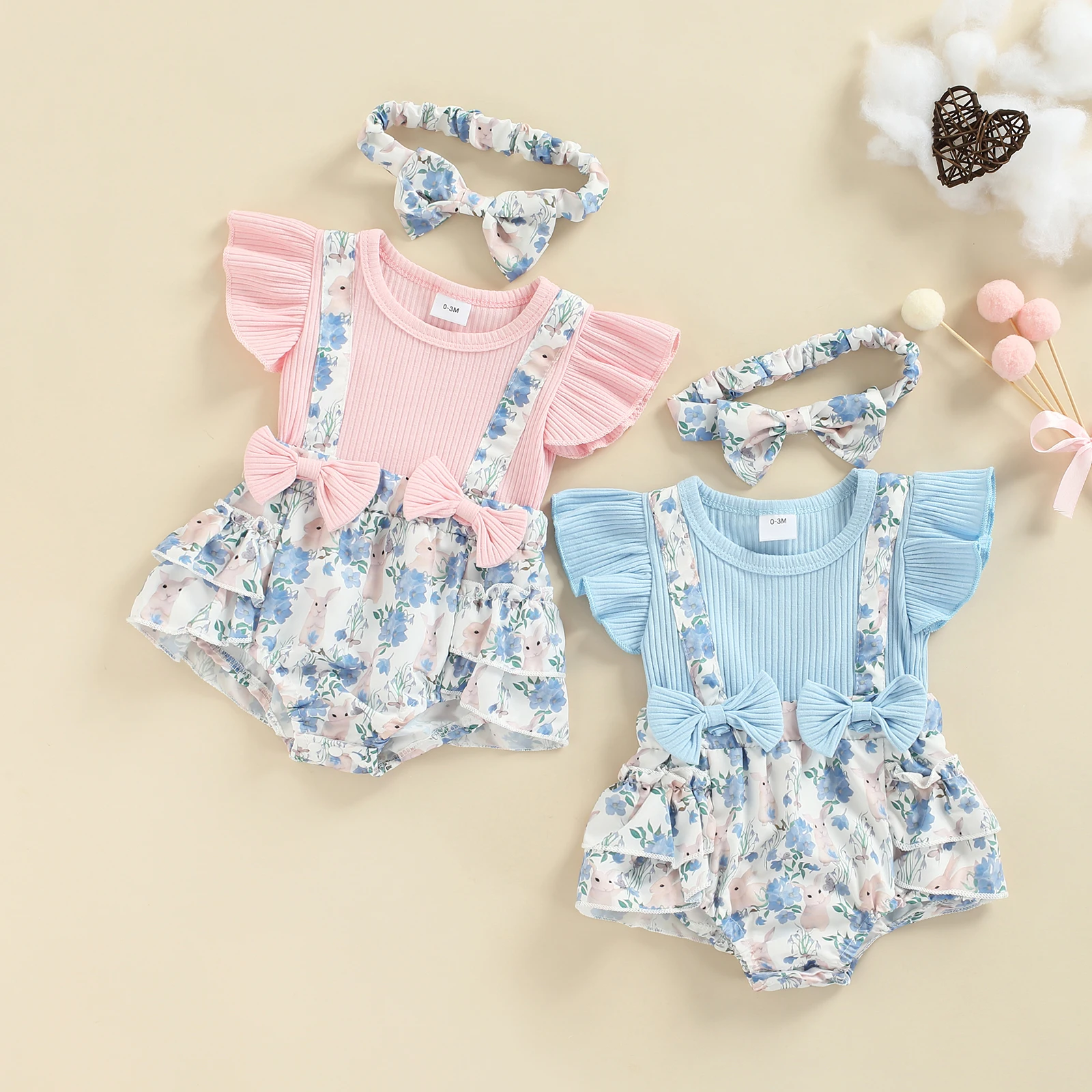 

Infant Baby Girls Fake 2pieces Layered Cake Romper Dress Fly Sleeves Patchwork Flower Print Overrall Jumpsuit With Bow Headband