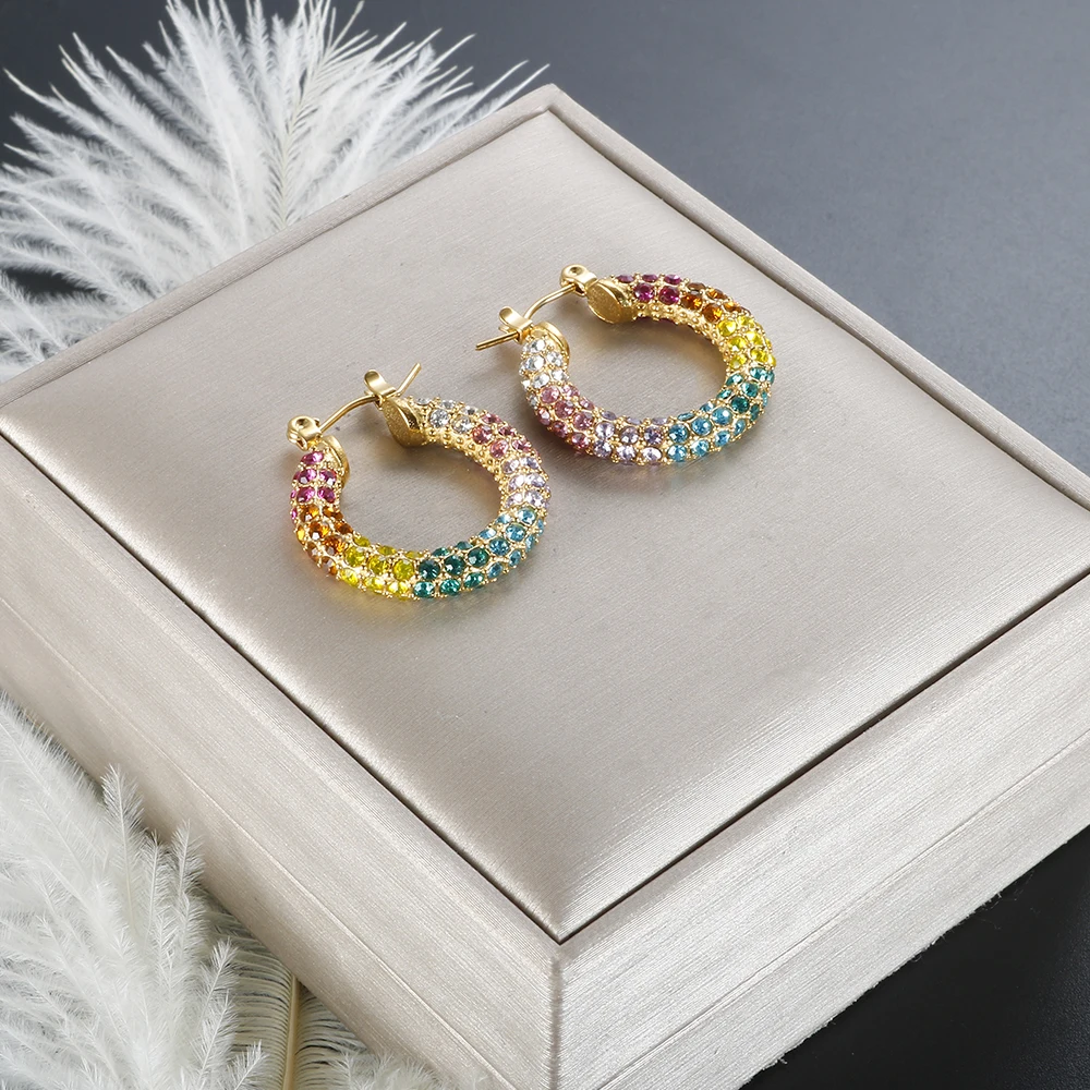 

Colorful Full Crystal Round Hoop Earrings for Women Girl Stainless Steel PVD Gold Plated Waterproof Jewelry Gift Wholesales
