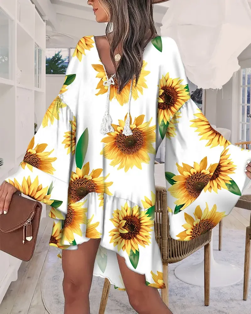 

CHAXIAOA 1 Piece Summer 2022 Women Sunflower Asymmetrical Print Bell Sleeve Tassel Swing Casual Vacation Dress
