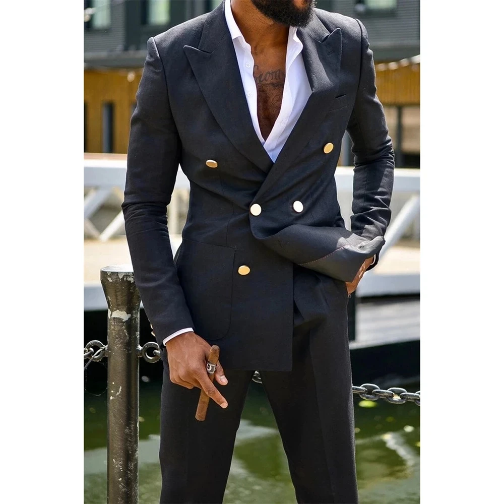 New 2 Piece Men Suits Modern Metal Button Formal Wedding Tuxedos Cotton Double Breasted Customized Lapel Party Suit Coat+Pants