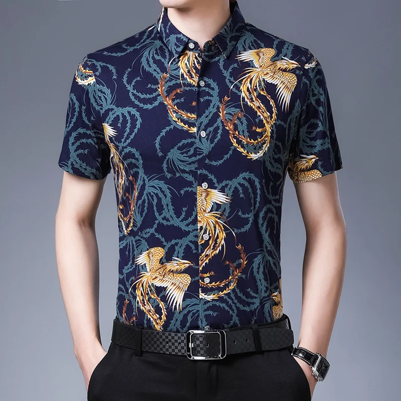 

Мужская хлопковая рубашка с коротким рукавом, Повседневная рубашка с цветочным принтом, лето 2021