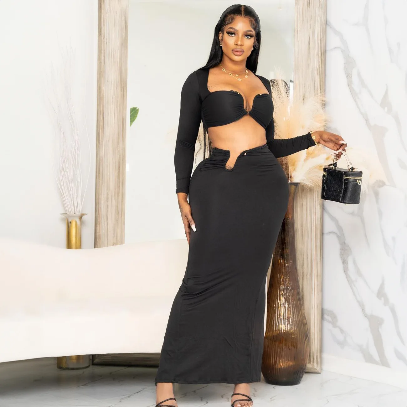 

Black Long Sleeve Dress Set Bodycon Club Party Two Piece Outfits Women Sexy Hollow Out Crop Top and Maxi Skirt Suit Fall Winter