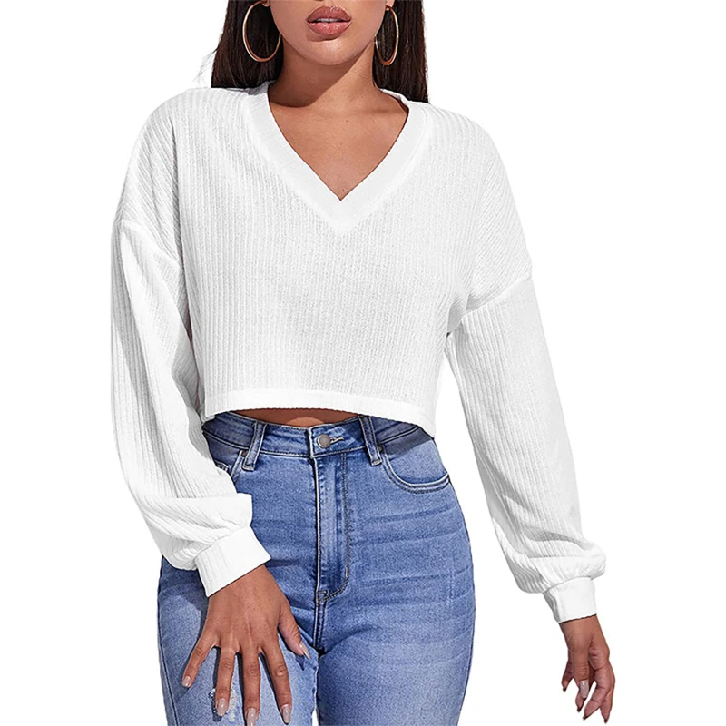 

Women Cropped T Shirts Sexy Exposed Navel T-Shirts Korean Streetwear Oblique Shoulder O-Neck Fashion Long Sleeve Solid Tops
