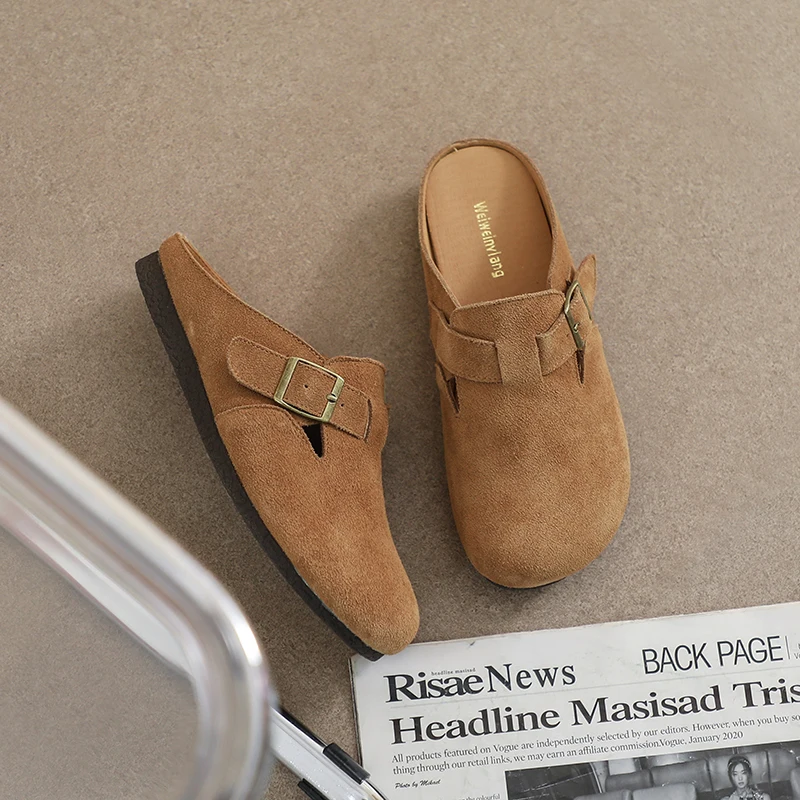 AIYUQI Slippers Women Real Leather 2023 New Large Size 41 42 43 Women Summer Shoes Retro Outerwear Flat Lazy Half Slippers Women