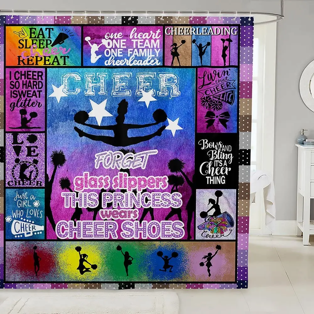 

Cheerleader Shower Curtain Girls Dancer Waterproof Bath Curtains Bathtub Geometric Checkered Bathroom Curtains Gifts for Girls