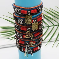 anime akatsuki one piece attack on titan leather rope chain logo charm bracelets cosplay props wrap bangles wristbands