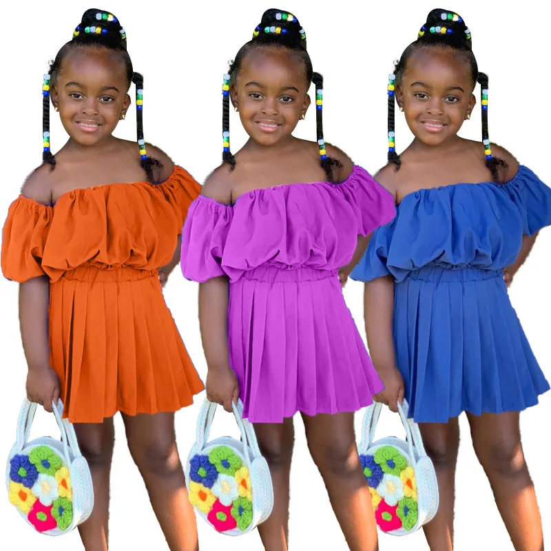 

Girls Skirts Set Shoulderless Puff Sleeve Shirts Two Piece Kids Clothes for 2 3 4 5 6 7 Year Girls Summer Child Suits Set