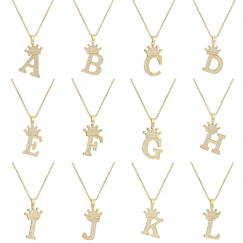 

Name Initials Zircon Pendant Necklace for Women 26 Letters Crown Chain Wedding Jewelry Birthday Gift Anniversary Gold Color