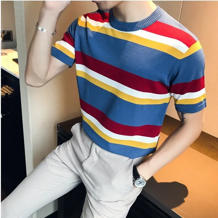 

Футболка мужская Трикотажная облегающая с круглым вырезом и полосками