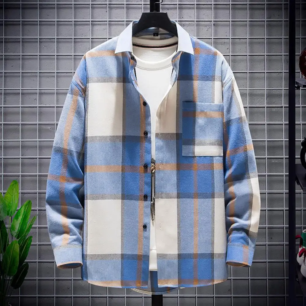 

Plaid Print Men Autumn Shirt Soft Turn-down Collar Lapel Men Shirt Long Sleeves Single-breasted Coat Men Clothing for Daily