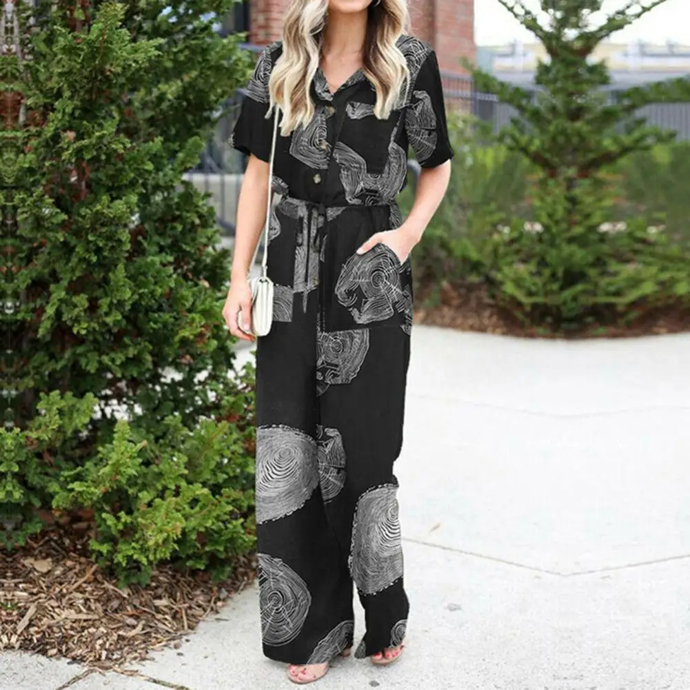 

Women Jumpsuit Waist Tight Shirt Jumpsuit Tie-Up Round Pattern Women Romper Overall