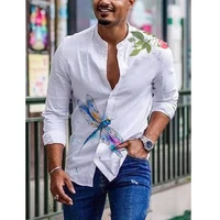 men shirts spring summer vintage printed long sleeved thin button imitation linen loose shirt for men large size casual clothes