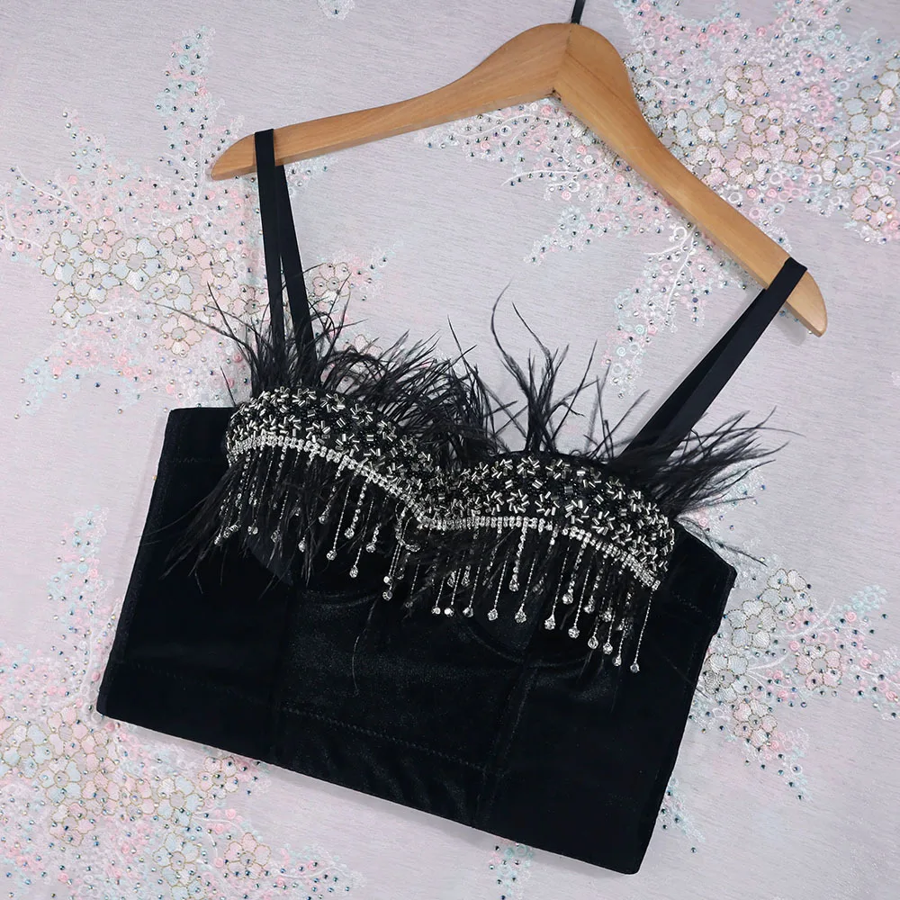 Женские летние майки черный корсет с перьями бисером стразами и кисточками
