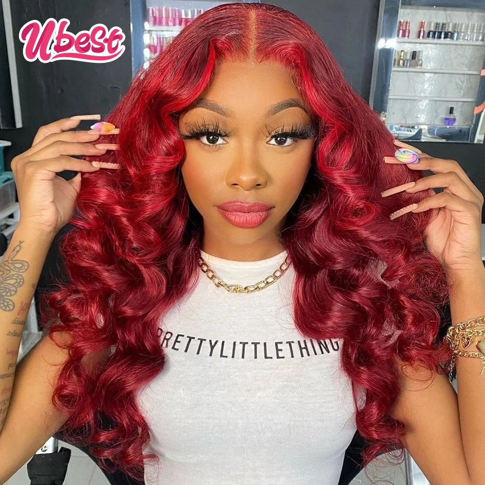 Burgundy Red Colored 13x6 Lace Front Wig Pre-Plucked 28 30 Inch Peruvian Body Wave Human Hair Wigs Transparent Lace Frontal Wig