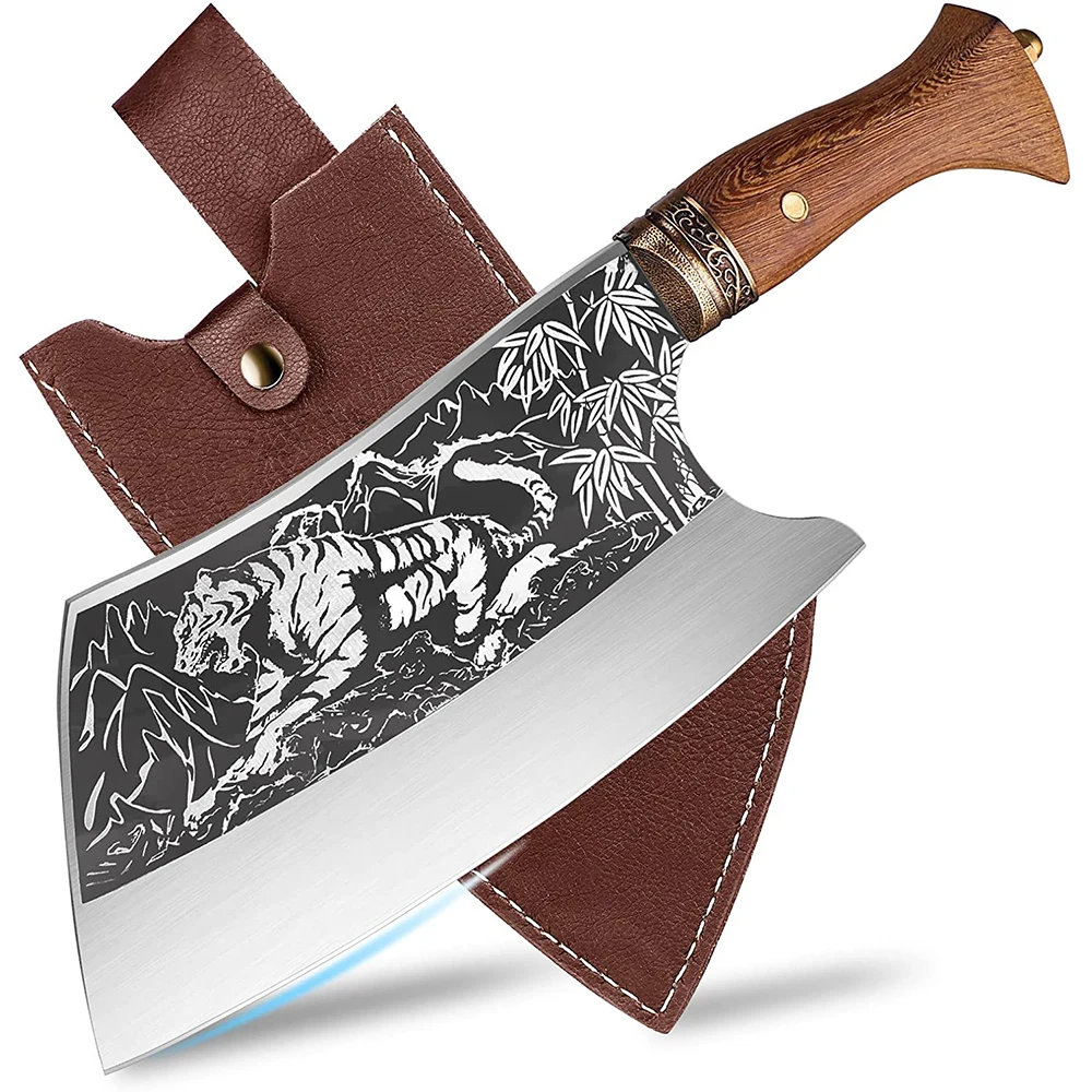 

Meat Cleaver Knife Heavy Duty Bone Chopper Forged Cleaver Knife Meat Cutting Tiger Engravings Sharp Chef Knife for Home&Outdoors