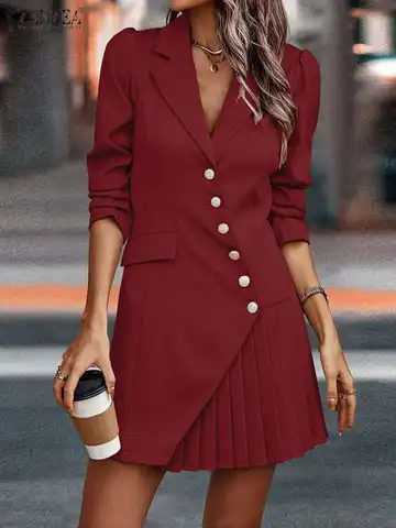 Элегантное женское платье для работы ZANZEA 2023, винтажное однотонное платье с длинным рукавом, воротником с отворотом, сарафан, модные офисные платья