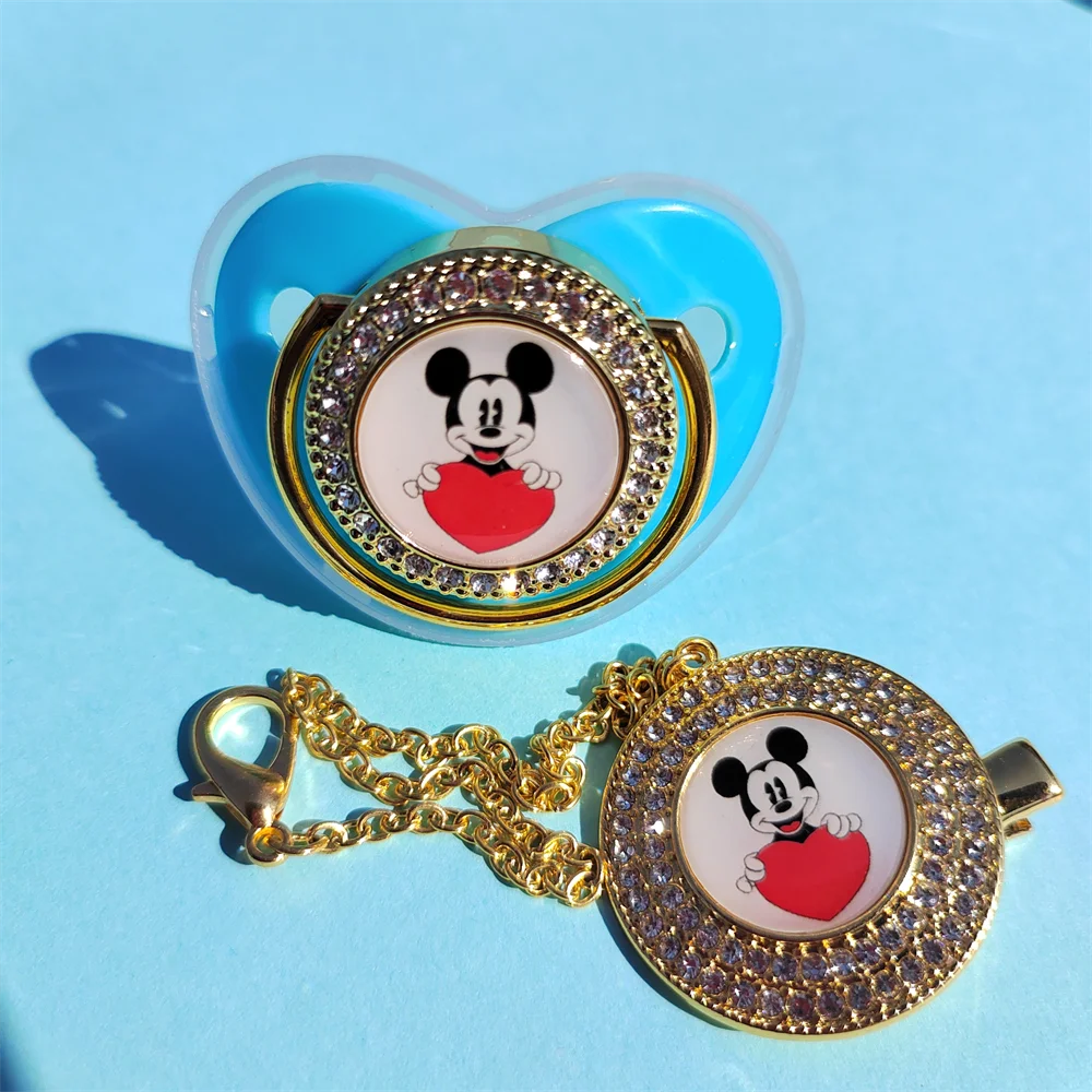 

Lilo Stitch Cute Cartoon Print Bling Baby Soothing Dummys with Chain Clips Baby Chewing Nipples Disney Designer New Soothers
