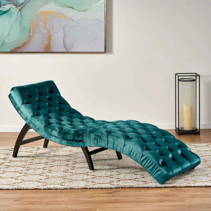 

Noble House Wade Indoor Velvet Button Tufted Chaise Lounge, Teal, Dark Brown chair bed