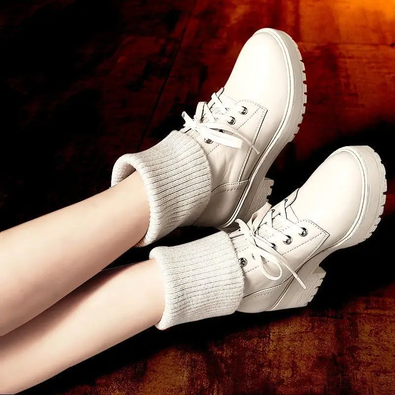 Shoes for Women Winter Fashion Knitting Velvet Ankle Boots Women Korean Lace-up Platform Botas Warm Square Button Botas De Mujer