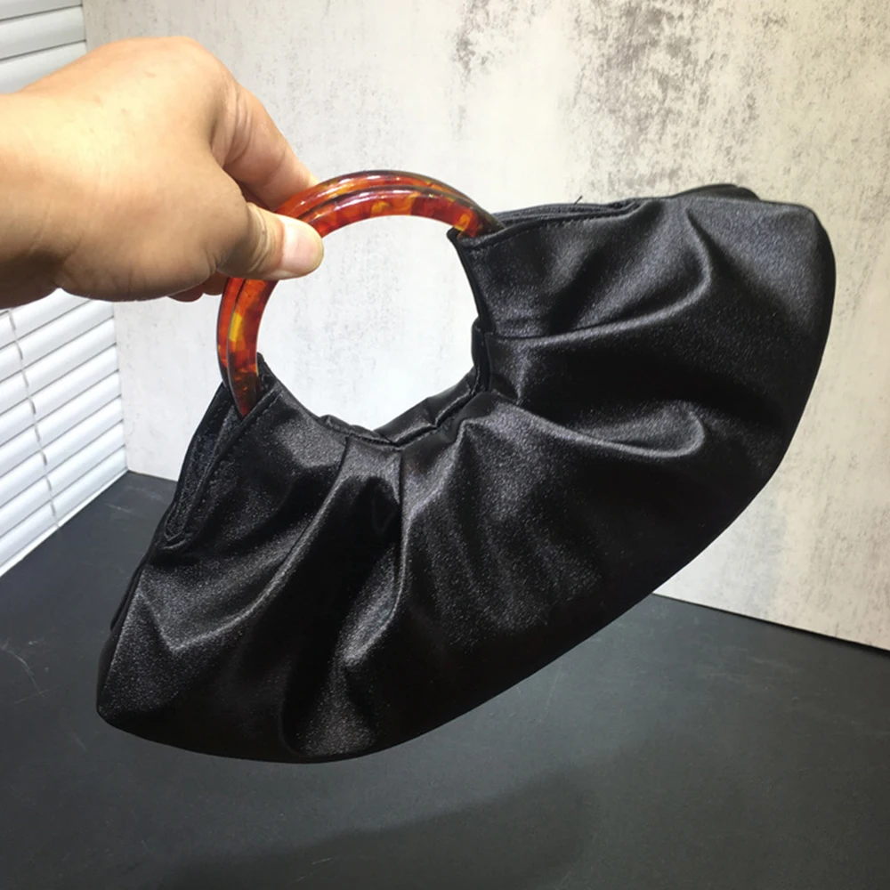 Pleated Satins Cloud Bags for Women Acrylic Round Handle Handbags Silk Evening Bag Party Wedding Purses Half Moon Dumpling Bags