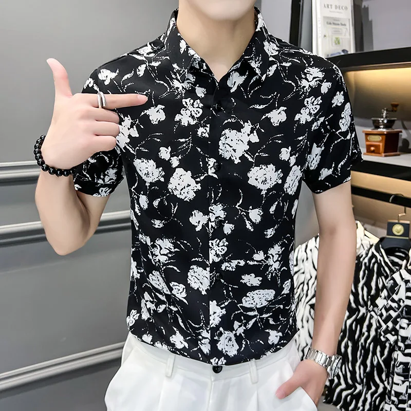 Vintage Flower Shirts Men Summer Short Sleeve Slim Casual Shirt Business Formal Dress Shirts Social Tuxedo Blouse Men Clothing