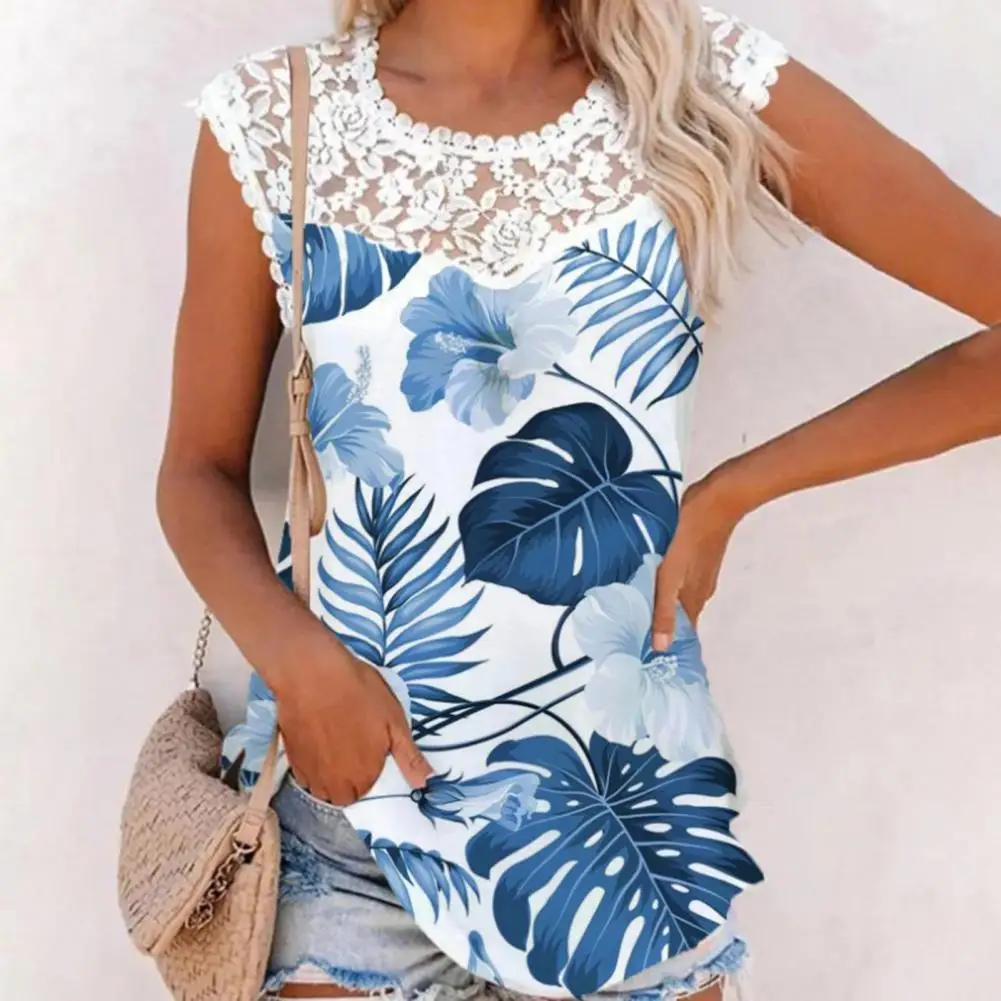 

Sexy O-Neck Patchwork Blouse Vest Female Top O Neck Patchwork Flower Embroidery See-through Lace Sleeveless Summer Blouse