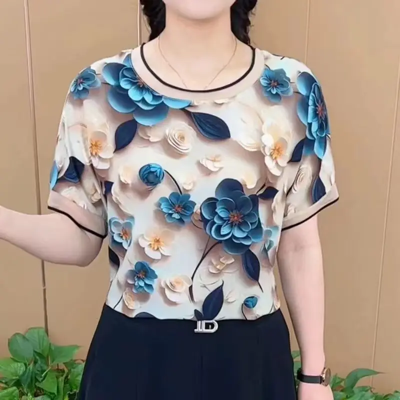 Женская шифоновая рубашка с коротким рукавом и круглым вырезом