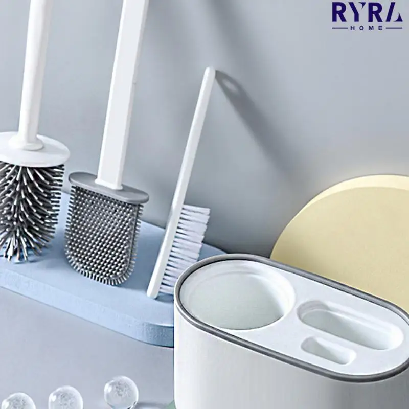

Toilet Brush Water Leak Proof Wc Flat Head Flexible Soft Bristles Brush With Base Silicone With Quick Drying Holder Accessories
