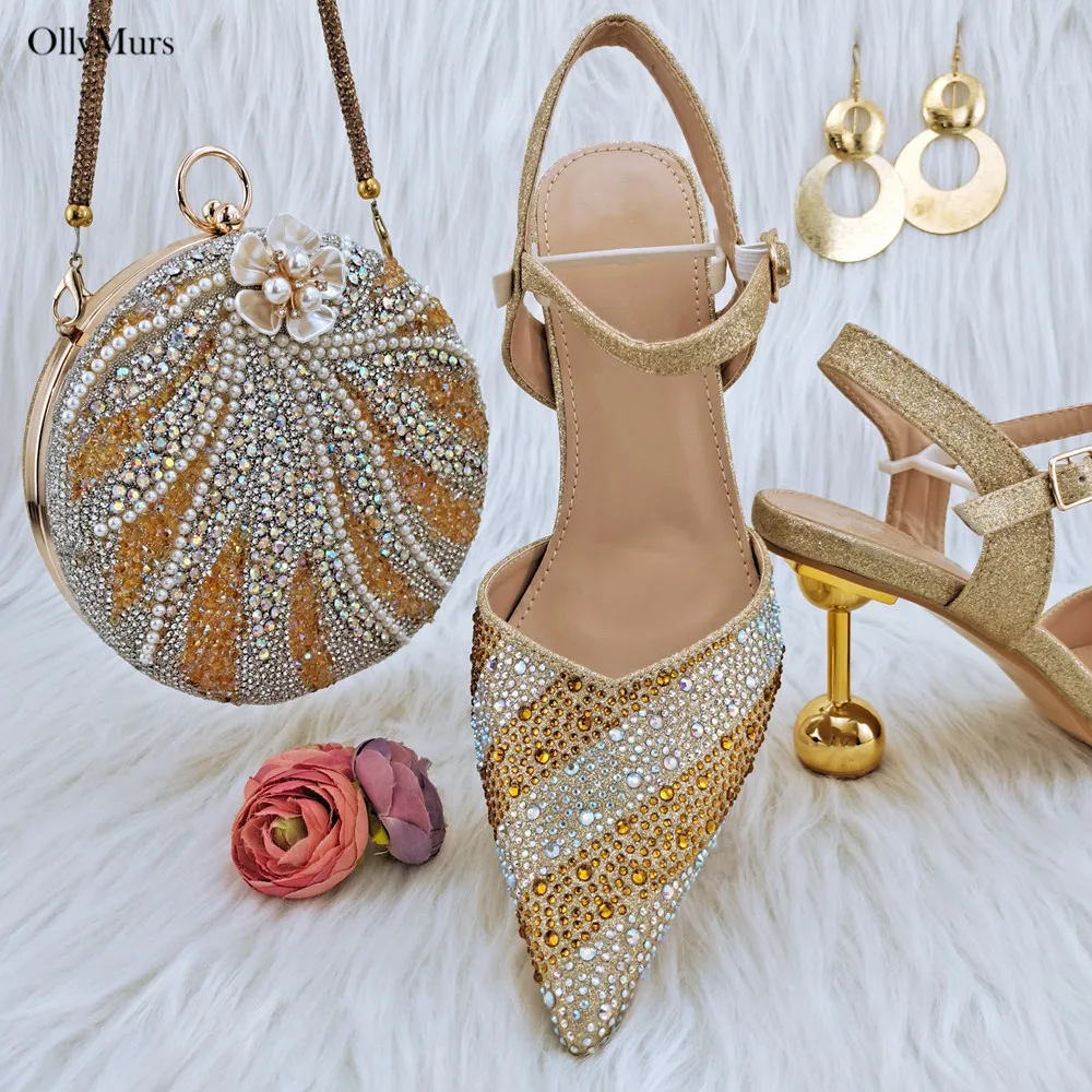 

New Arrival Summer Style Woman Rhinestone Shoes And Bag Set Fashion Style High Heel Shoes And Evening Bag For Party