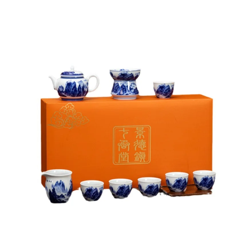 Jingdezhen Qitang Blue and White Porcelain Thousand-Li Landscape Ceramic Tea Set Suit Household High-Grade Living Room Office