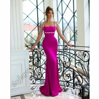 fuchsia crystals evening dress party dress satin spaghetti strap beaded mermaid wedding prom formal gowns made to order vestidos