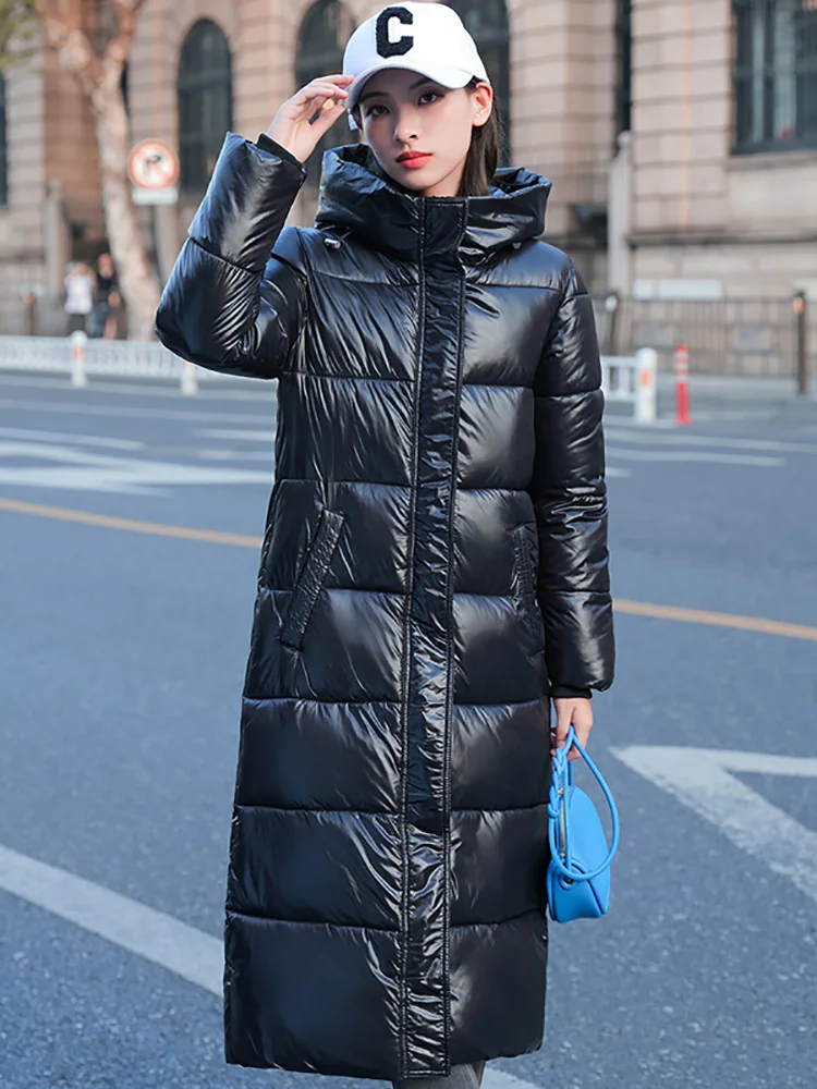 Black Glossy Parka Coat Women's 2023 Fashion Thicken Winter Hooded Loose Long Jacket Female Windproof Rainproof Warm Outwear