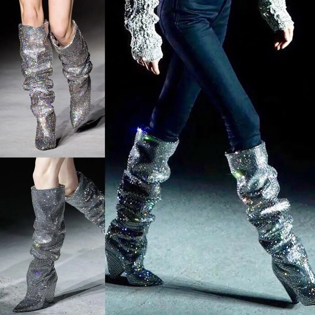 

New Luxury Crystal Shoes Woman Pointed Toe Knee High Boots Sexy Rhinestone Chunky Spike Heel Boots Ladies Botas Mujer
