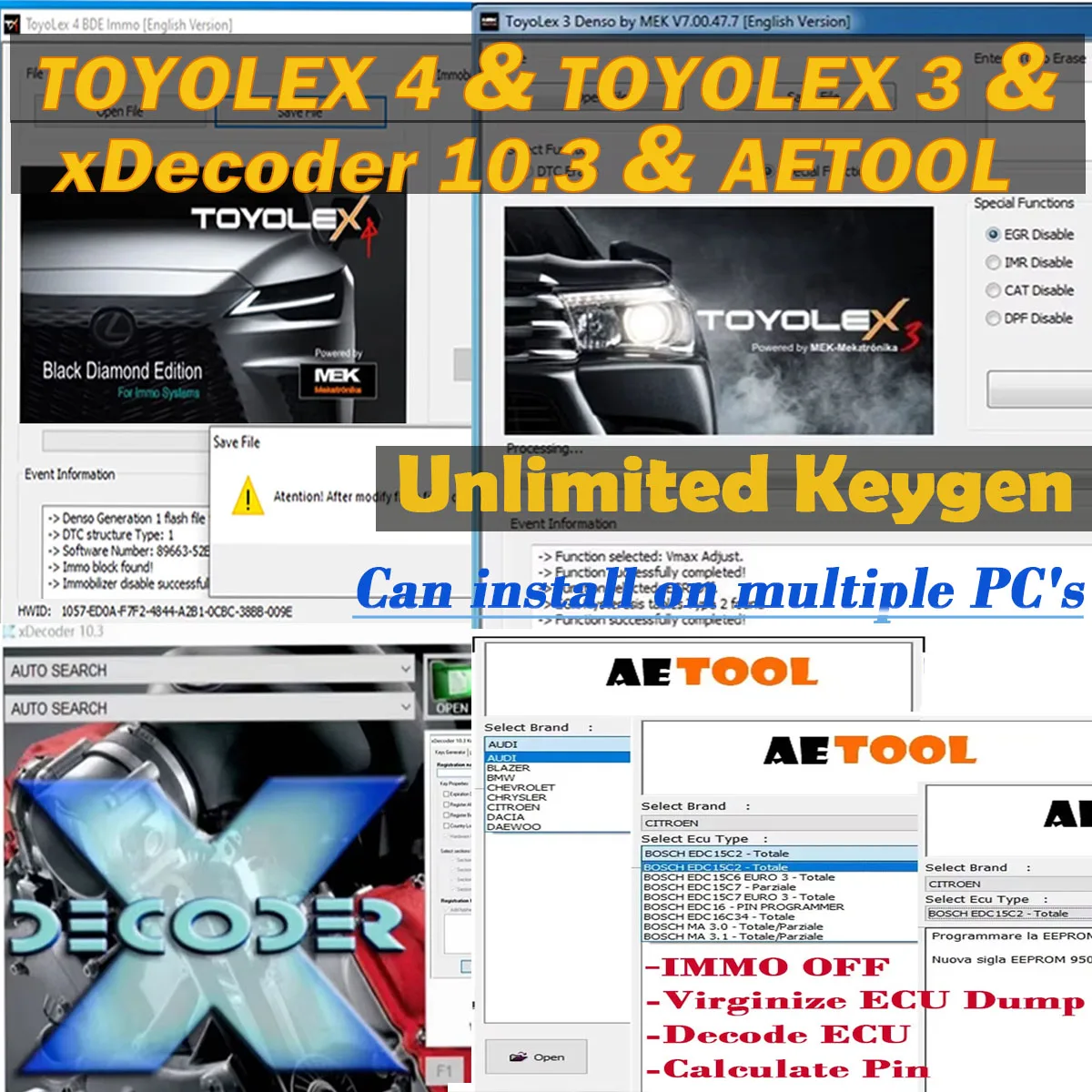 2024 Новый Toyolex4 Toyolex 4 для Denso Lexus и XDecoder 10 3 AETOOL Unlimited Keygen поддержка Win7/10 DTC Remover OFF