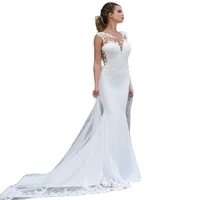merdelan mermaid wedding dresses jewel neck court train lace romantic see through illusion sleeve with embroidery