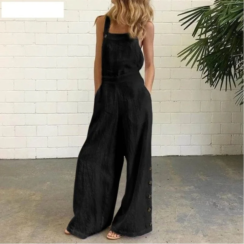 2021 New Fashion Women's Clothing Solid Color Sleeveless Side Pocket Casual Loose Wide Leg Side Buckle Sling Jumpsuit Overalls