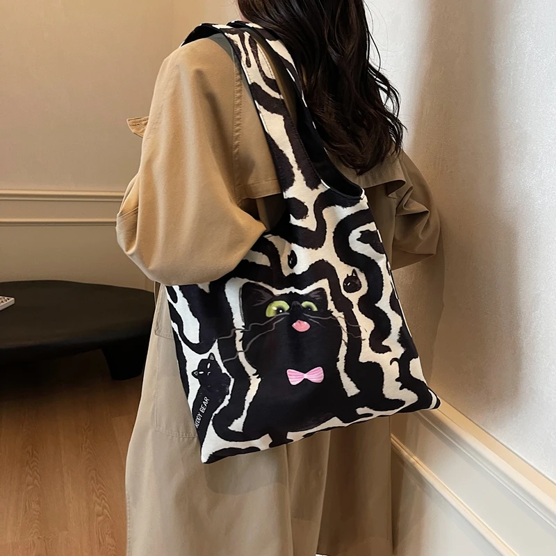 Холщовая Сумка для женщин вместительная Женская сумочка с рисунком черного кота