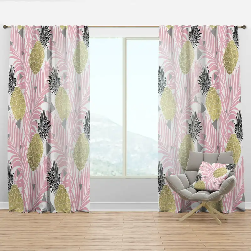 

'Golden Pineapple With Pink Leaves' Mid-Century Modern Curtain Panel