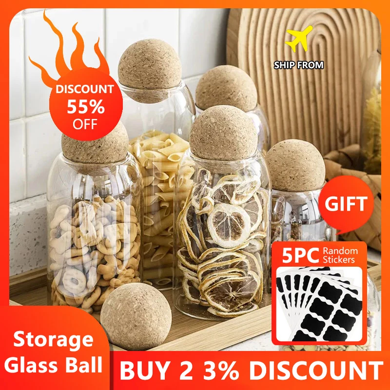 Ball Cork Lead-Free Glass Jar With Lid Bottle Storage Tank Sealed Tea Cans Cereals Transparent Storage Jars Coffee Contains