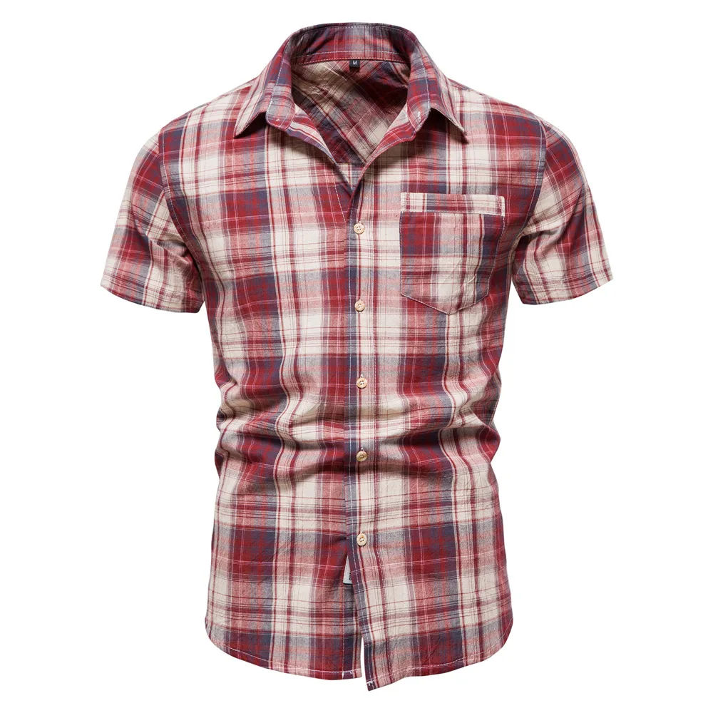 New Summer Man Casual Pure Cotton Plaid Shirts Luxury Men's Social Shirts Short Sleeve Checkered Men's Top Clothing