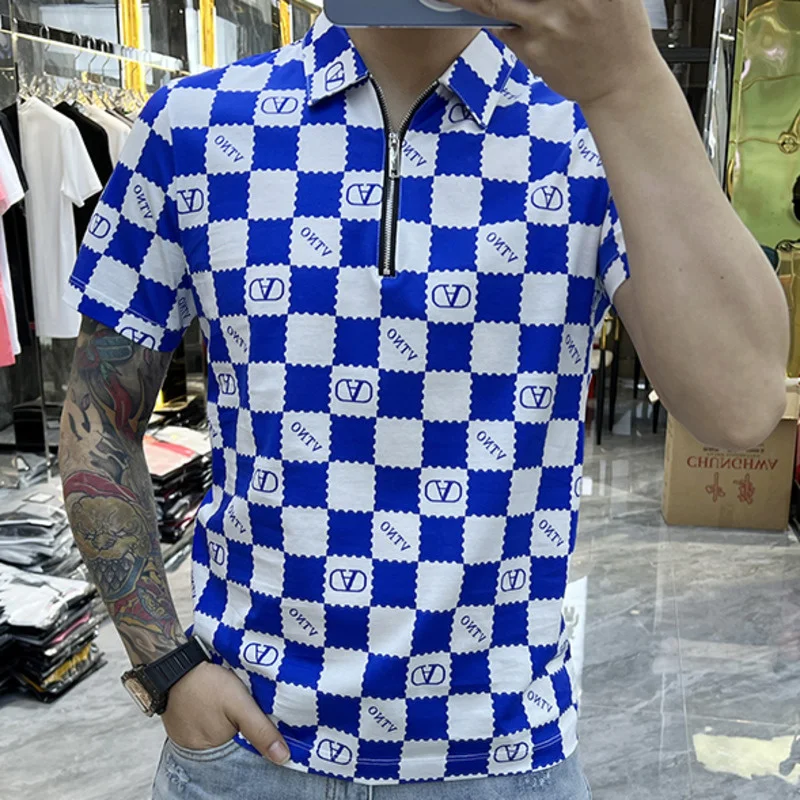 

Plaid Color Contrast Zipper Polo Short Sleeve Large Men Summer Personalized Brand Pattern Round Neck Loose Trend Bottomed Top