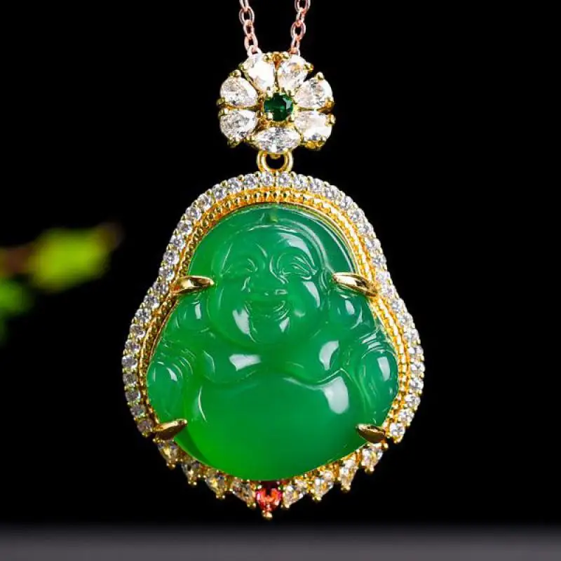 

Buddha Jade Pendant Necklace Women Natural Green Jadeite With Zircon Emerald Maitreya Laughing Buddhas Fengshui Charms Necklaces